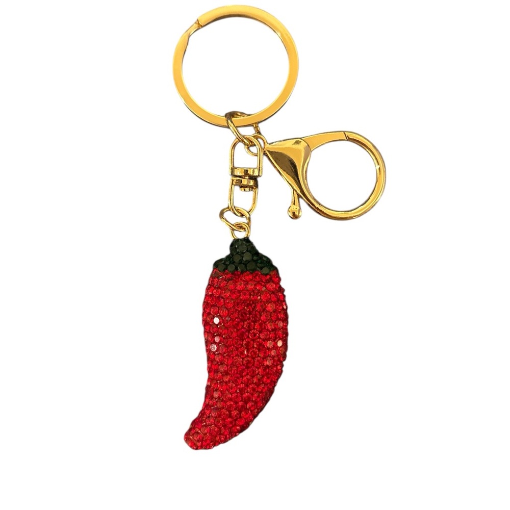 Red Bedazzled Chili Pepper Keychain or Bag Charm with Gold Hardware
